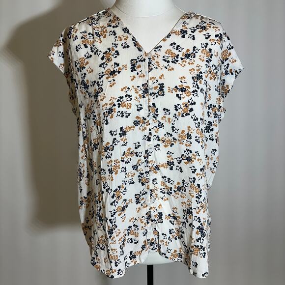 Liz Claiborne White Floral Short Sleeve Button Up Gauze Blouse Womens Size Large - Picture 1 of 8